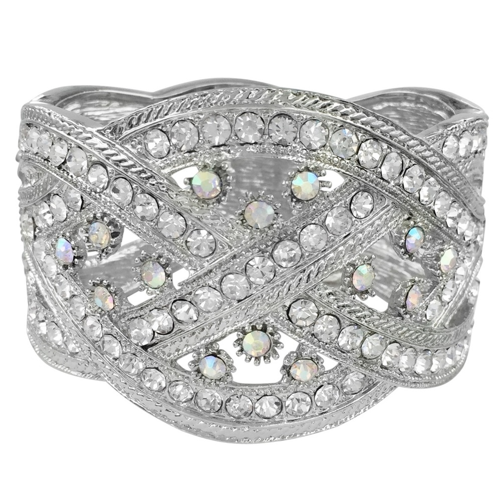 Clear & AB Iridescent Rhinestone Bling Chunky Statement Hinged Bangle Bracelet